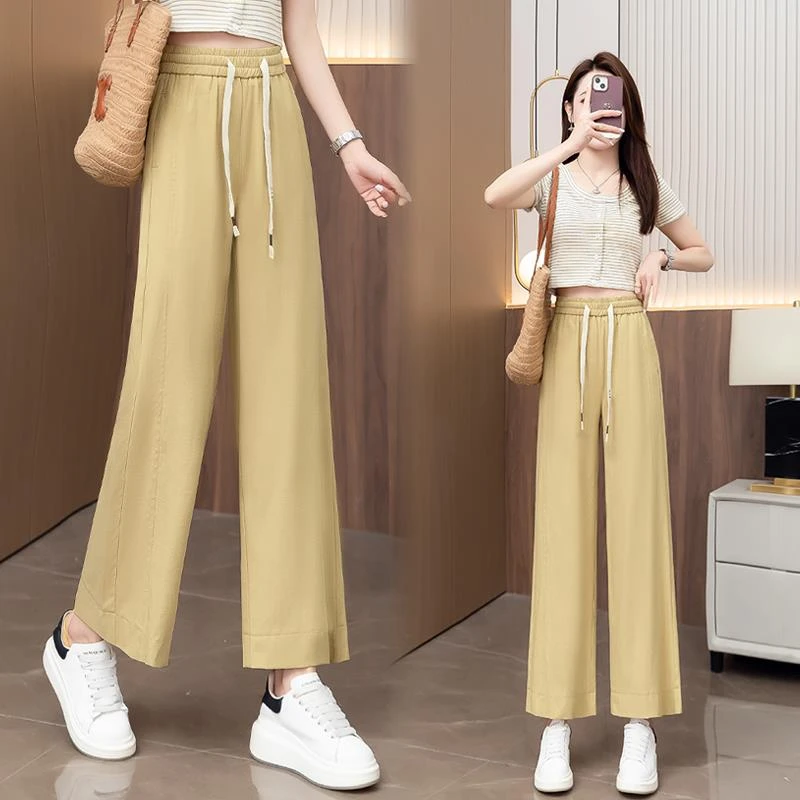 天丝棉九分阔腿裤女夏季薄款松紧腰时尚显瘦抽绳窄版休闲直筒裤