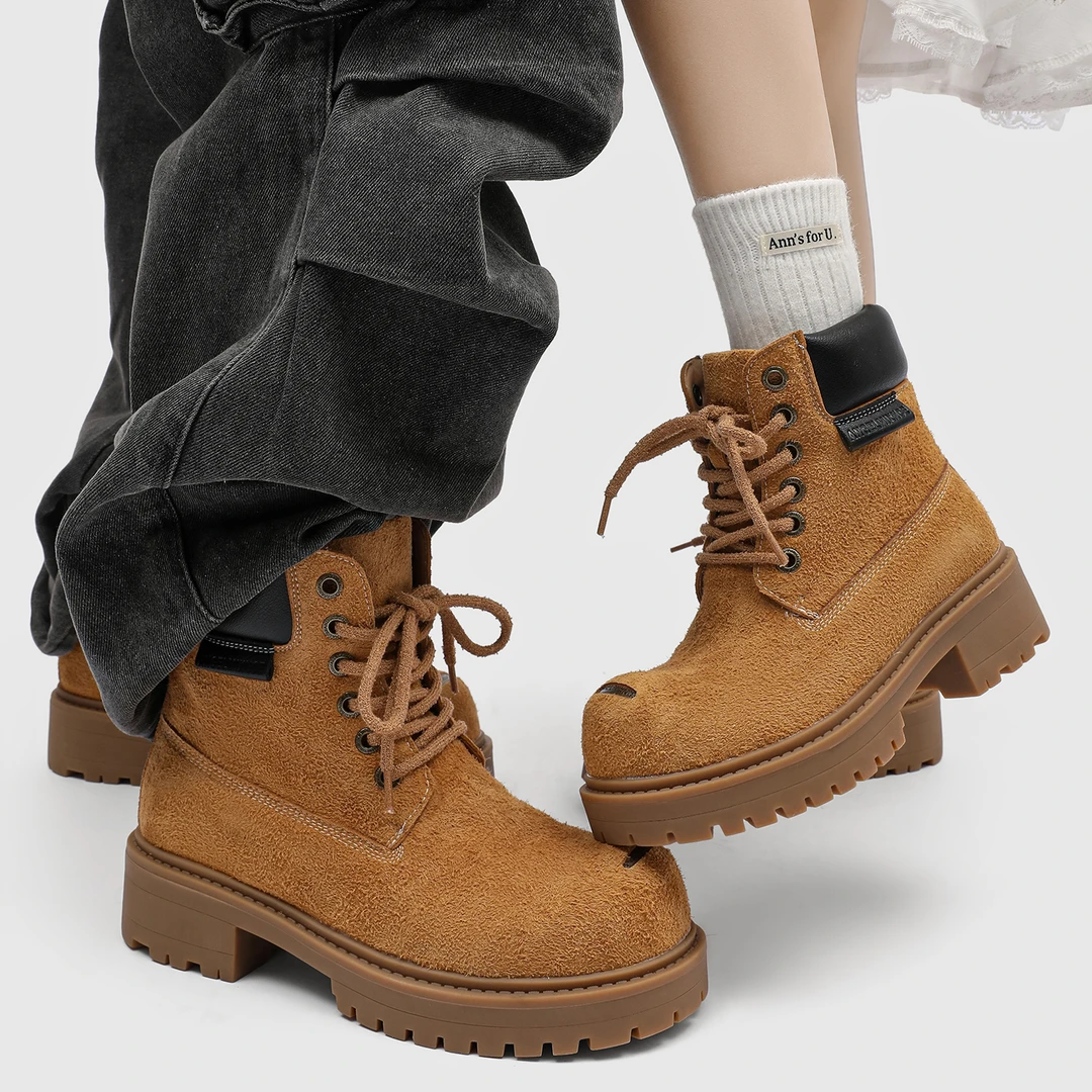 OUBOPOR增高7cm情侣复古马丁靴男反绒皮中帮大黄靴工装米奇大头鞋