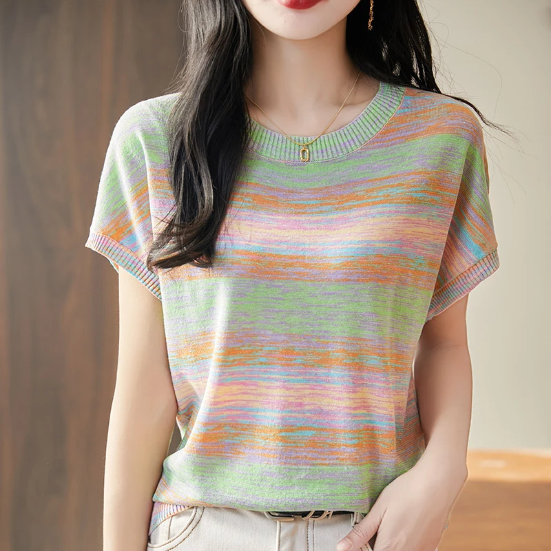 夏季新款复古小众条纹短袖t恤女圆领显瘦洋气百搭上衣针织打底衫
