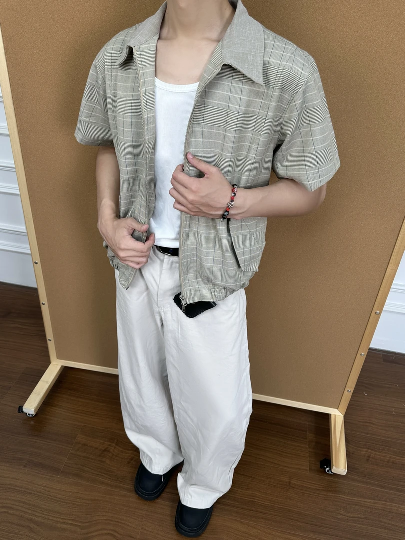 BeOurRule 千鸟格插袋拉链短袖衬衫polo领cleanfit老钱外套上衣夏