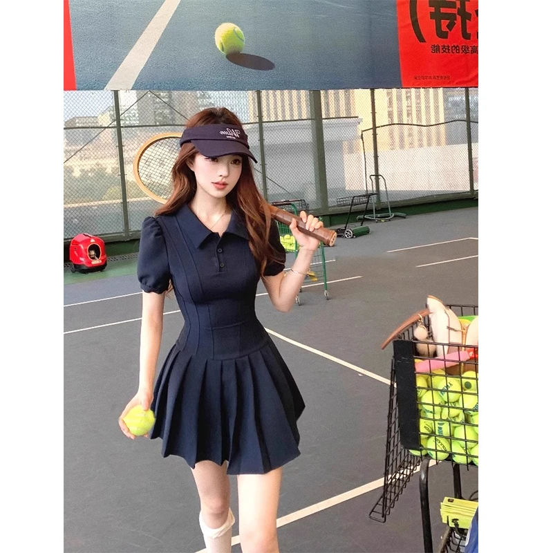 夏季新款韩系少女运动风polo裙掐腰连衣裙女学院风纯色百褶短裙子