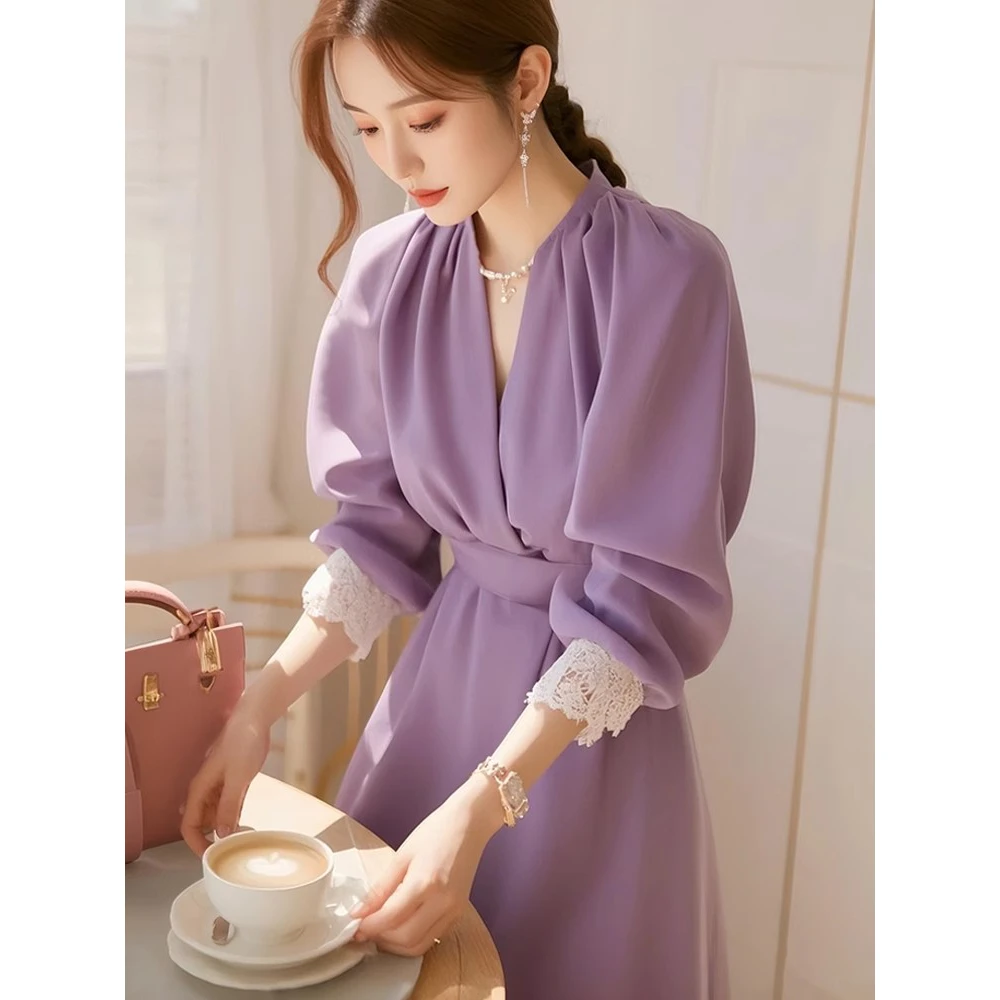 2025新款韩系早春穿搭套装紫色蕾丝边连衣裙时尚海边度假法式漂亮