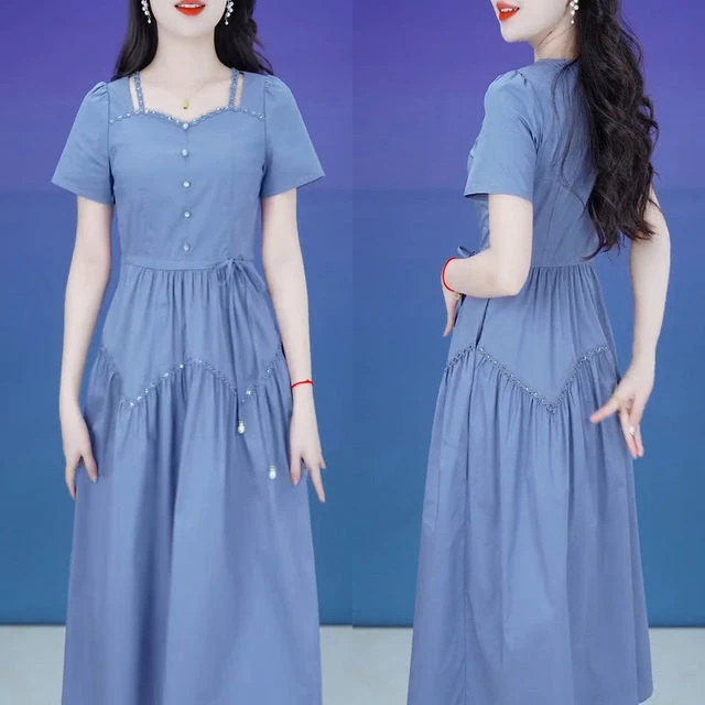 时尚大码短袖纯色连衣裙女2025夏季新款气质收腰显瘦休闲中长裙子