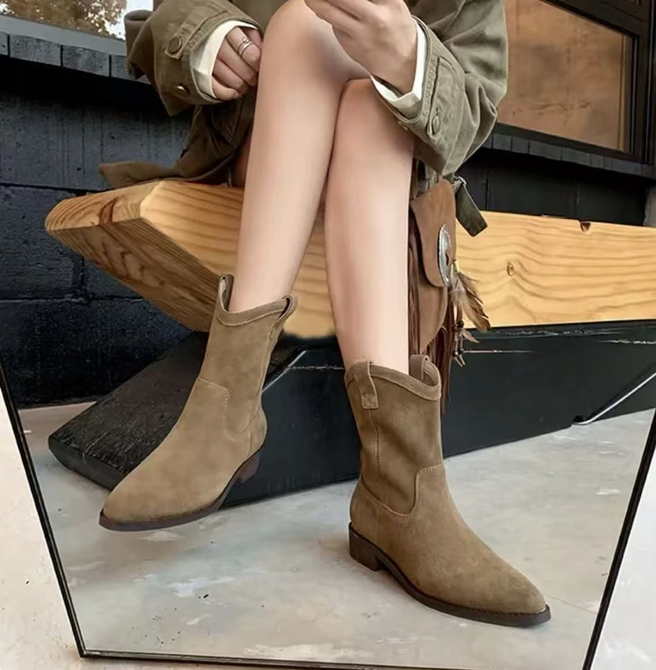 粗跟尖头复古西部牛仔短靴2025早秋新款