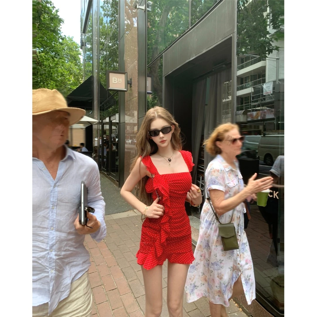 JMSHOP 哈瓦那情书 荷叶边连衣裙女设计感春夏修身短款吊带裙