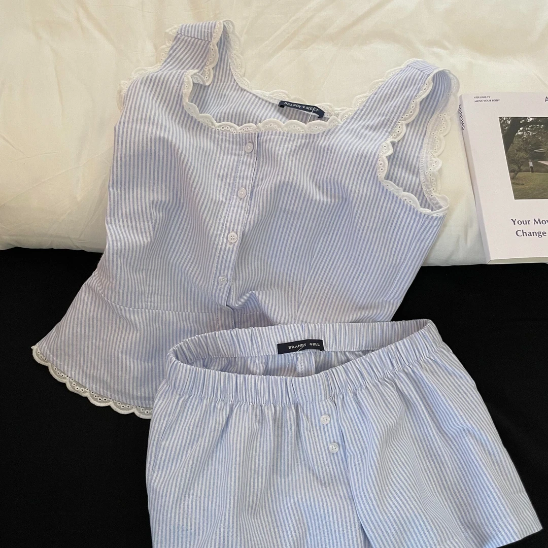 ins韩系条纹花边领背心睡衣少女夏季吊带短裤家居服套装可外穿