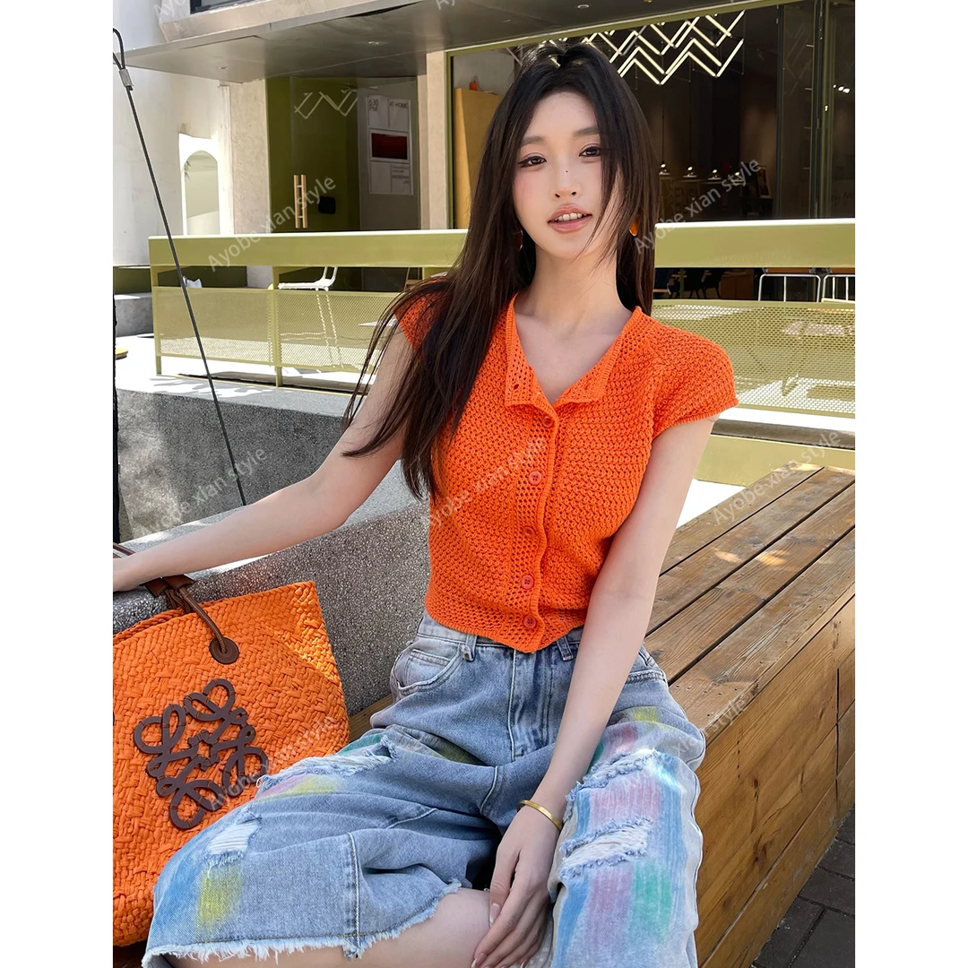 AYOBE小贤/情书前言 复古镂空单排扣针织开衫设计感宽松短袖时尚