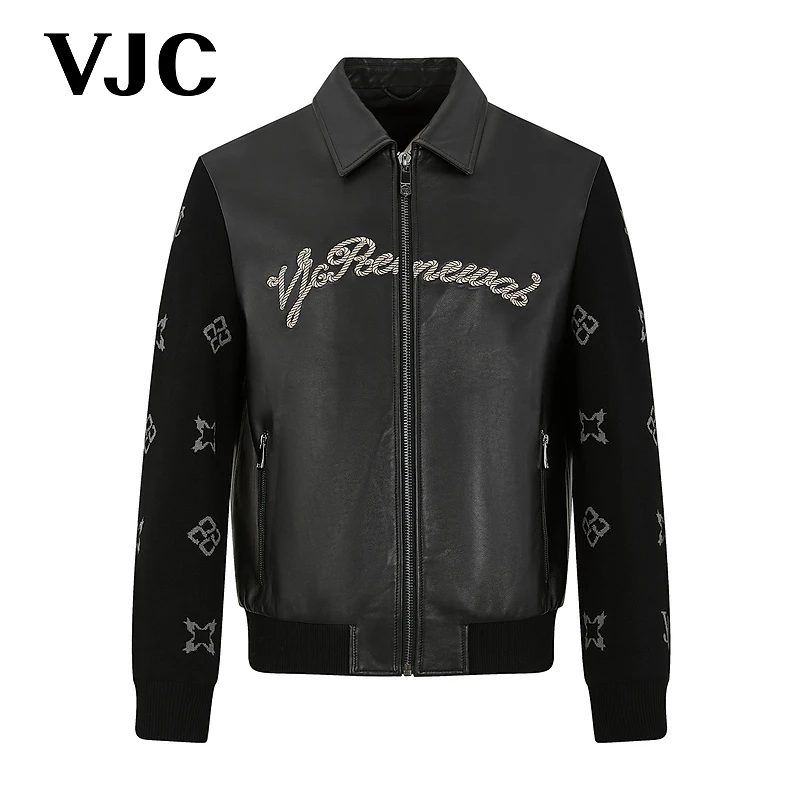 【羊皮革】VJC/威杰思秋季新款男装时尚刺绣翻领皮衣外套B24DK1611