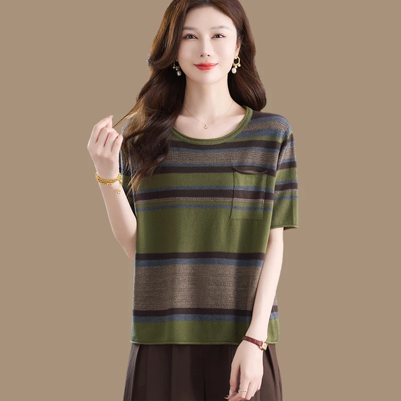 高端中袖条纹上衣女t恤妈妈春秋新款宽松休闲五分袖针织打底衫潮