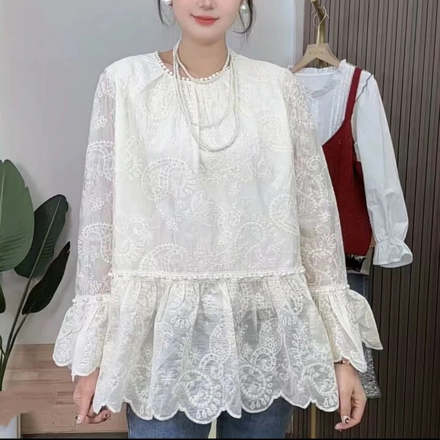 2025大码女装胖妹妹法式小香风气质蕾丝衫显瘦遮肉潮重工钉珠上衣