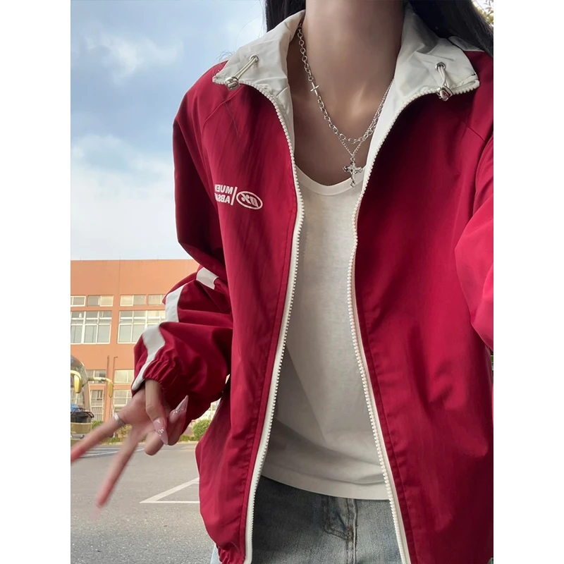 美式双面穿外套男款春秋季潮牌拼色立领夹克小众设计感情侣棒球服