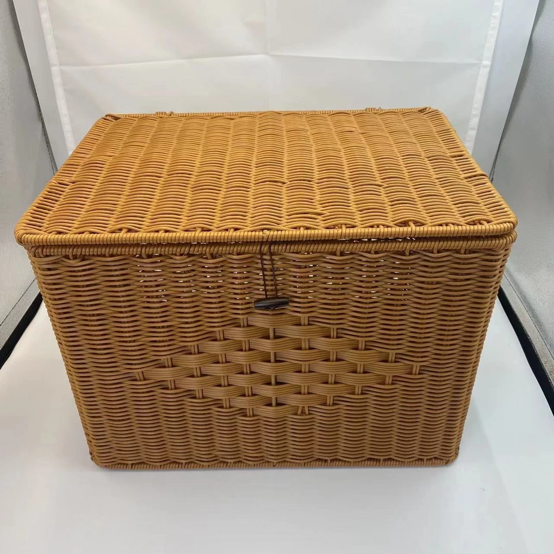 A158浅咖色长方形带盖收纳筐手工编织大号40*30*30