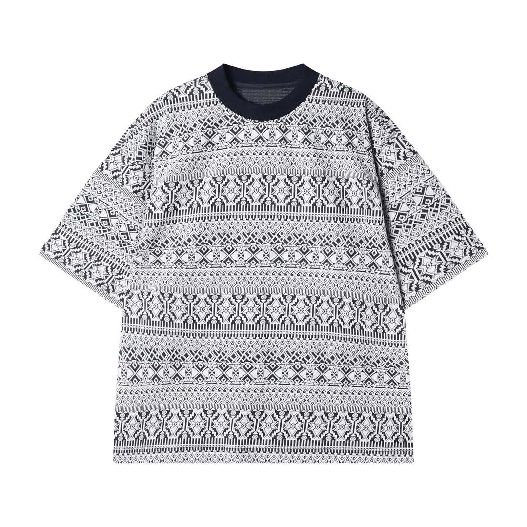 早春新款时尚个性韩版撞色几何图案圆领短袖T恤小众设计百搭上衣