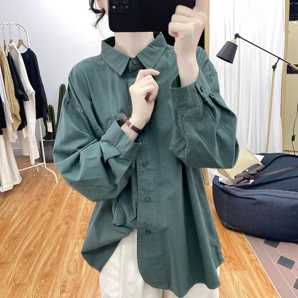 秋装设计感口袋长袖衬衫女斜纹棉polo领宽松上衣2025新款显瘦衬衣