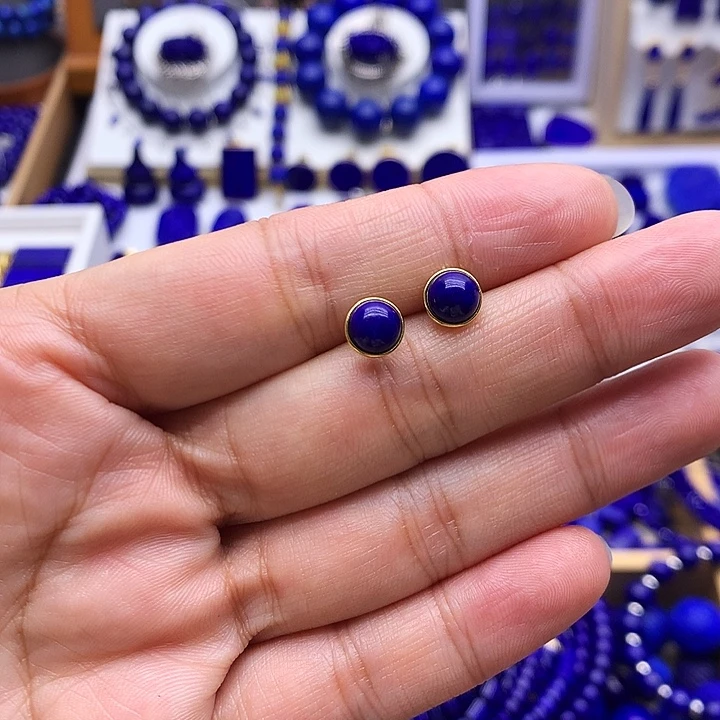 青金石银S925镀金镶嵌耳钉