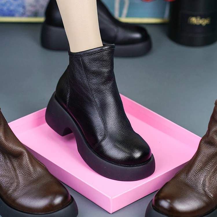 NP06-23997真皮百搭女靴头层牛皮圆头粗跟厚底侧拉链休闲舒适短靴