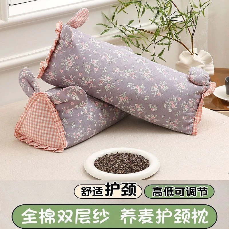 全棉双层纱荞麦壳三角枕头枕芯儿童学生成人护颈椎助睡眠午睡硬枕