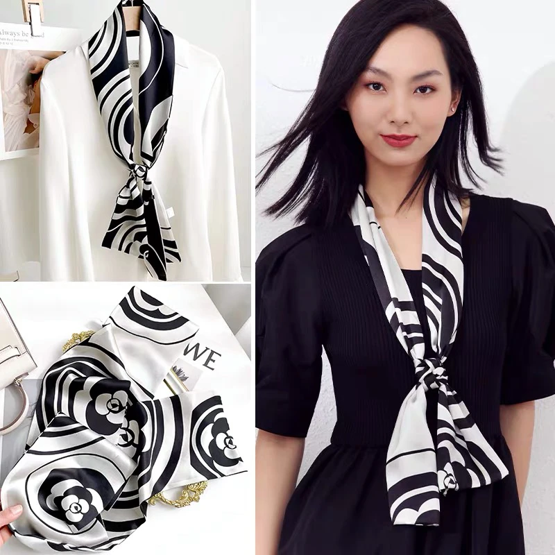 经典黑白玫瑰花飘带女春秋百搭时尚丝巾领巾气质女人穿搭