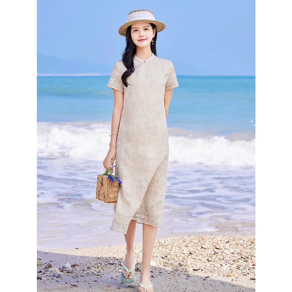 夏新款苎麻刺绣女装长裙旅行文艺立领短袖中长款中式改良旗袍长裙