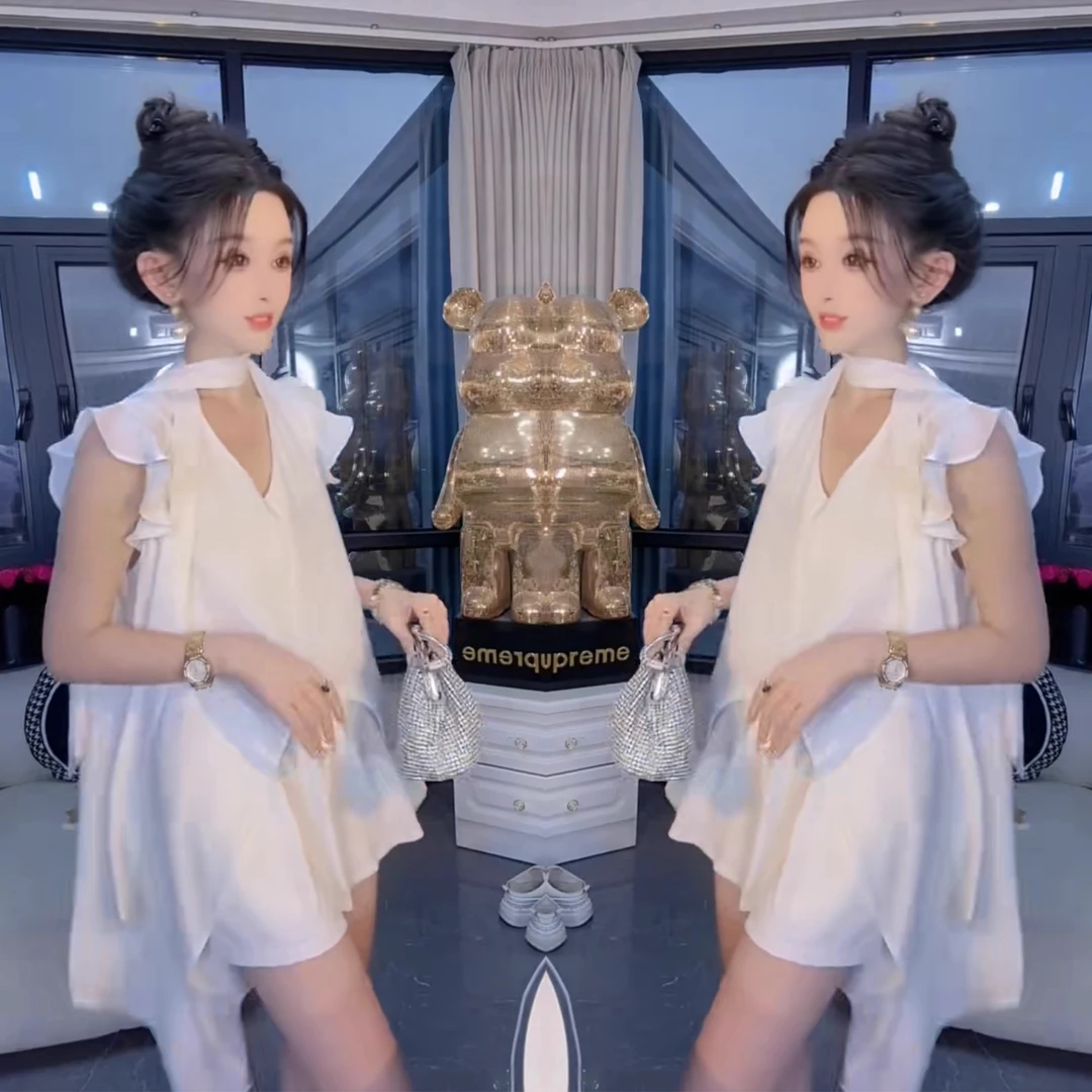 【两件套】【有里布】时尚荷叶边套装女2025夏季V领衬衫+短裤D2653