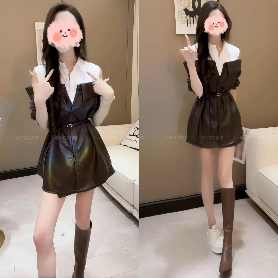 2025早秋新款时尚复古撞色假两件露肩衬衫休闲百搭高级半身裙套装