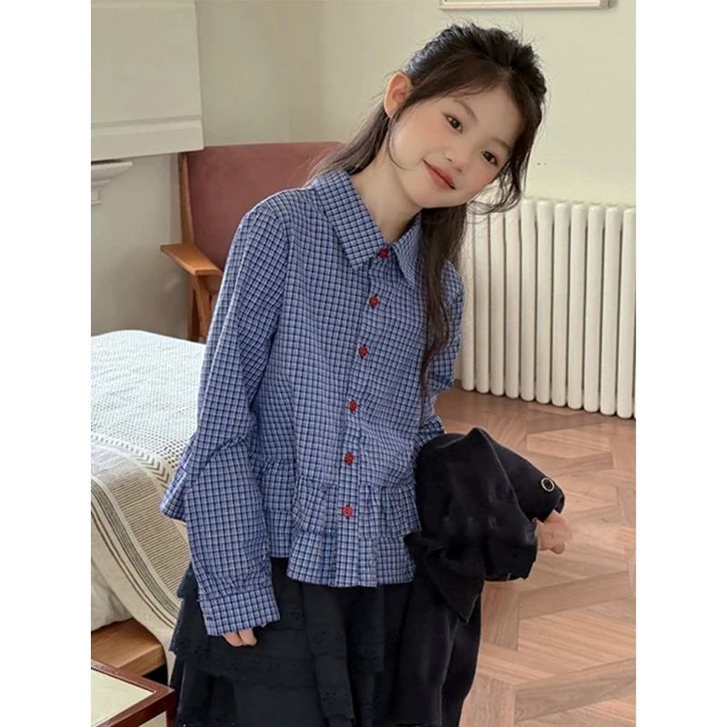 女童格子衬衫25秋季新儿童甜美森系荷叶边长袖衬衣小个子短款上衣