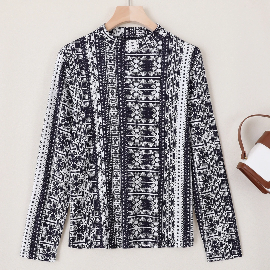 真丝针织半高领长袖印花上衣女通勤修身显瘦套头打底衫C11038