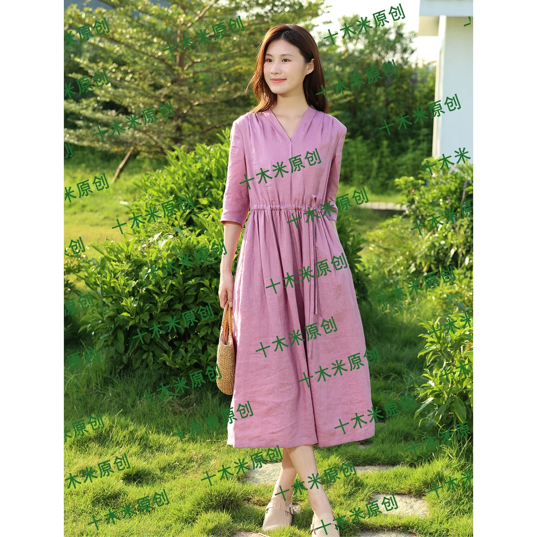 梦之岛/十木米原创夏款百分百苎麻文艺优雅气质双层苎麻连衣裙