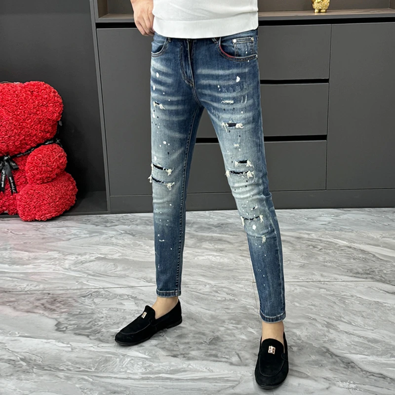 男士九分牛仔裤春秋新款潮流百搭个性刮烂乞丐裤欧货弹力修身男裤