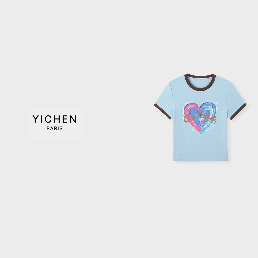 YC 彩色爱心字母印花图案拼色圆领休闲T恤-3342