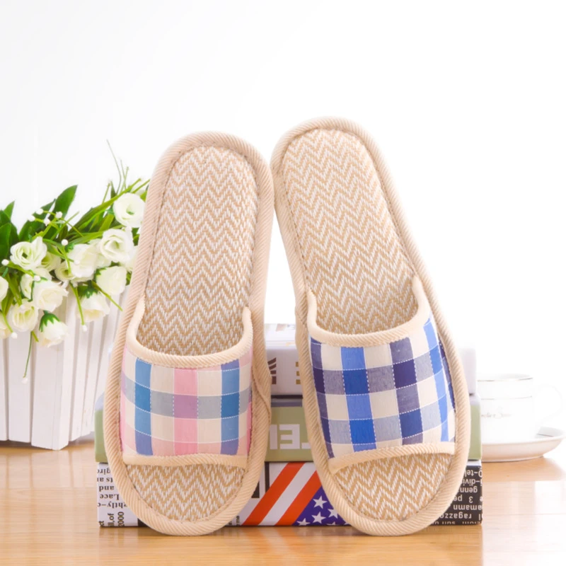 四季方格子亚麻拖鞋棉麻情侣家居室内木地板防滑男女客用厂家发