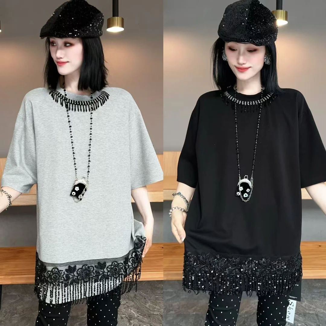 【YJ·高定】2025春夏珠片蕾丝宽松显瘦百搭小衫半袖连衣裙女 YY2031