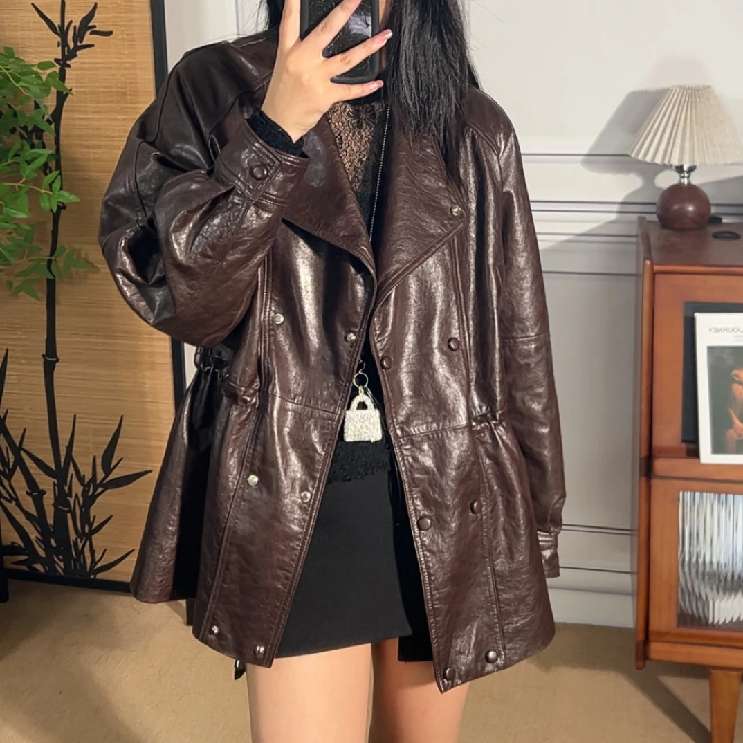 极简阔型556 风衣外套休闲油腊宽松型时尚皮衣复古港风口袋长款