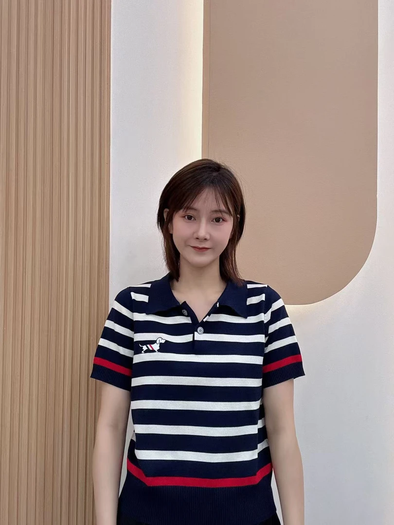 小狗刺绣翻领洋气条纹针织短袖6036