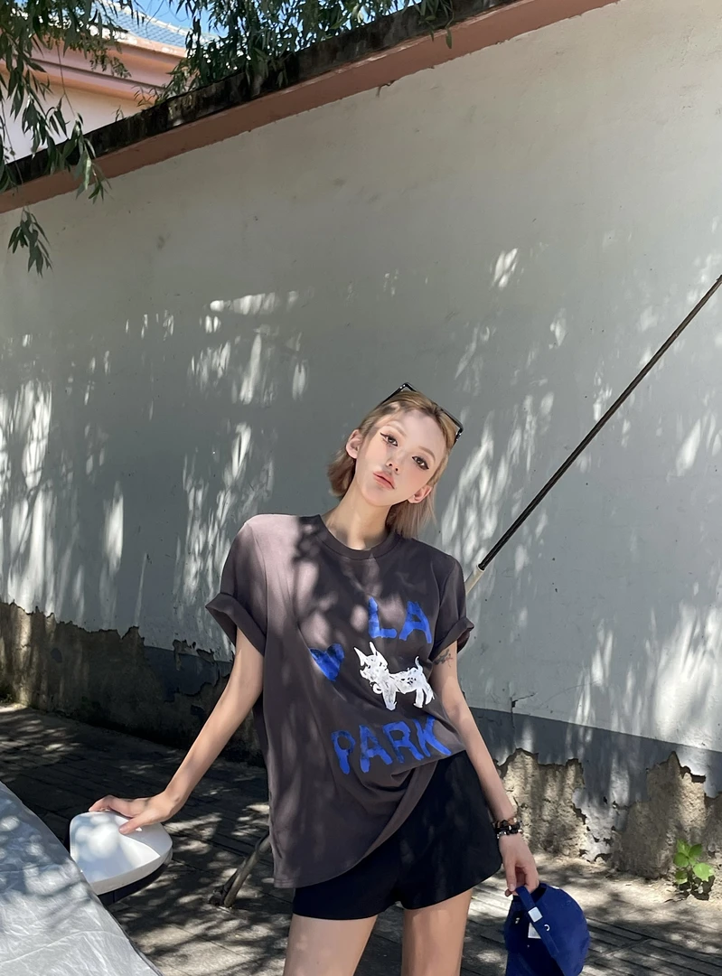 「蓝莓小狗派」慵懒风头小狗狗印花中长款短袖T恤休闲宽松上衣