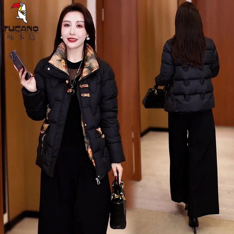 啄木鸟新中式棉服2025冬季新款洋气显瘦保暖国风盘扣立领棉衣外套