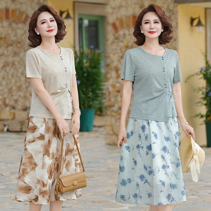 妈妈装夏季套装裙子中老年女装洋气显瘦短袖T恤小衫半身裙两件套