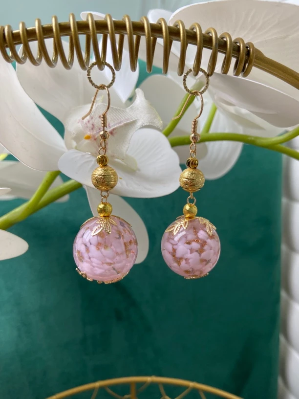 合金琉璃耳饰 浅紫色和金色大珠琉璃16-19毫米耳饰