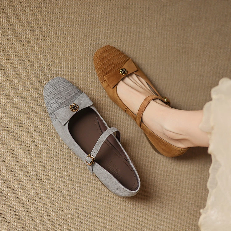 头层羊皮2cm～法式复古山茶花蝴蝶结玛丽珍女浅口单鞋粗跟新款软底