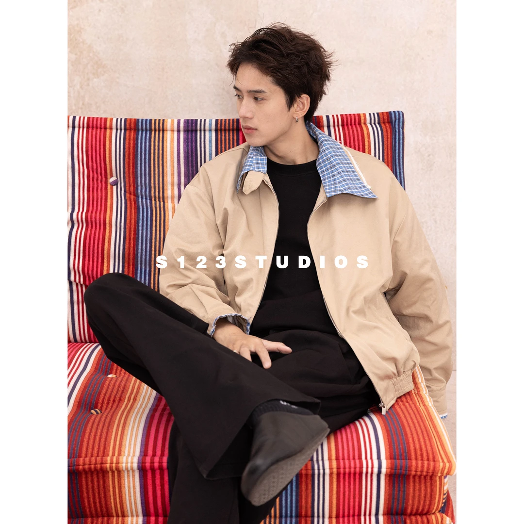 niu家高定 哈灵顿夹克 蓝色格纹撞色拼接翻领外套男工装开衫