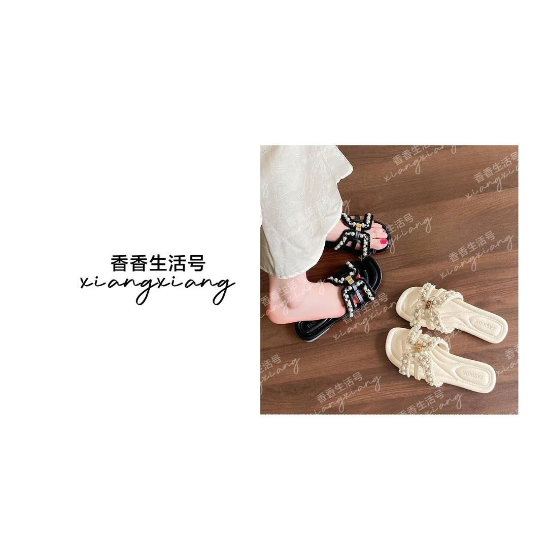 【香香严选】时尚百搭小香风珍珠软底一字凉拖鞋2802 跟高1.5CM