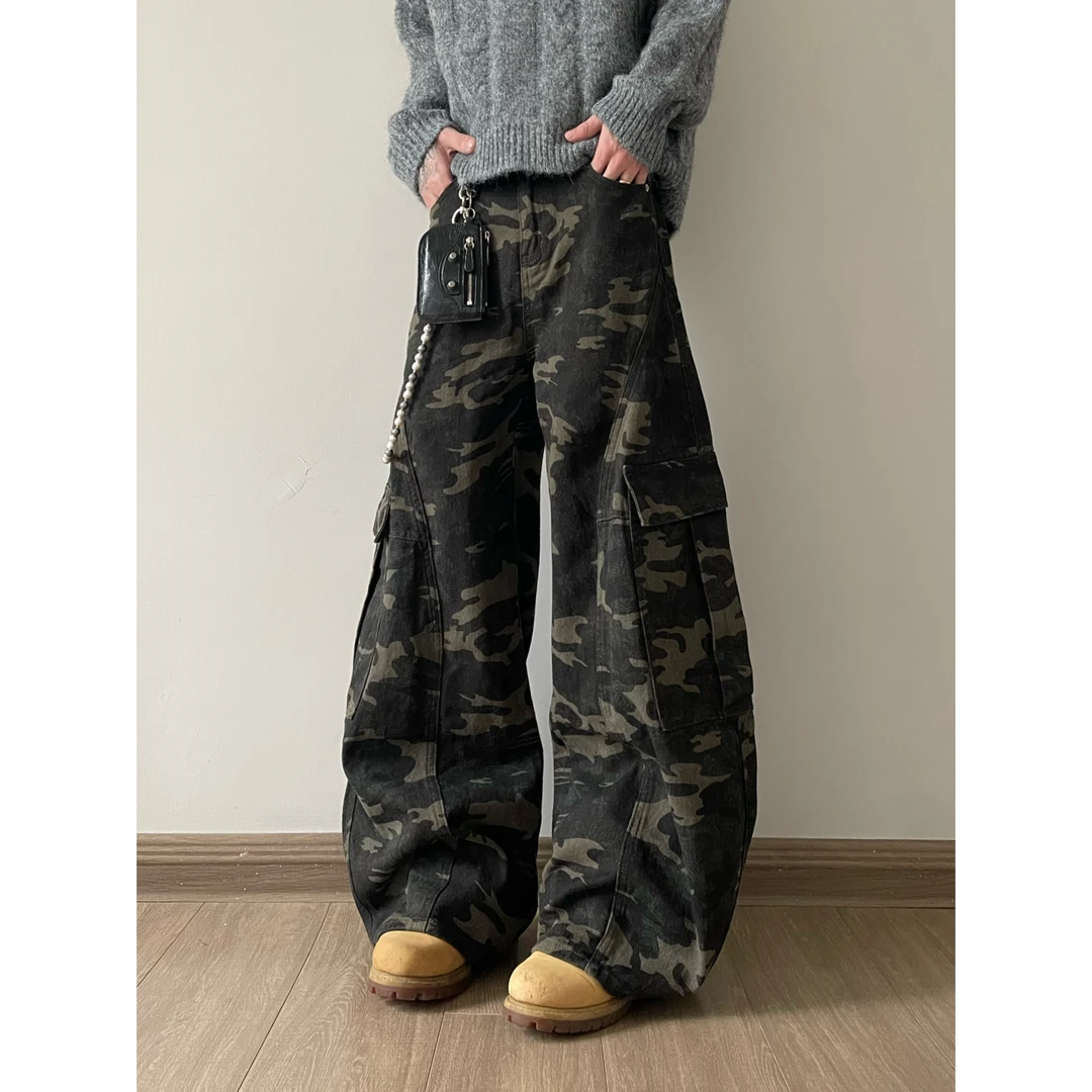 DAYAOBUTAIG美式复古水洗腰果花弯刀工装裤阔腿长裤街头感男女