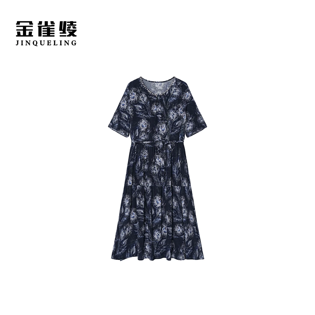 金雀绫【星夜塞纳河】桑蚕丝设计师显瘦钉珠加宽加大连衣裙SZA2L346