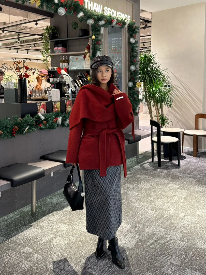 溯时 商场同款灰底黑格中长半裙