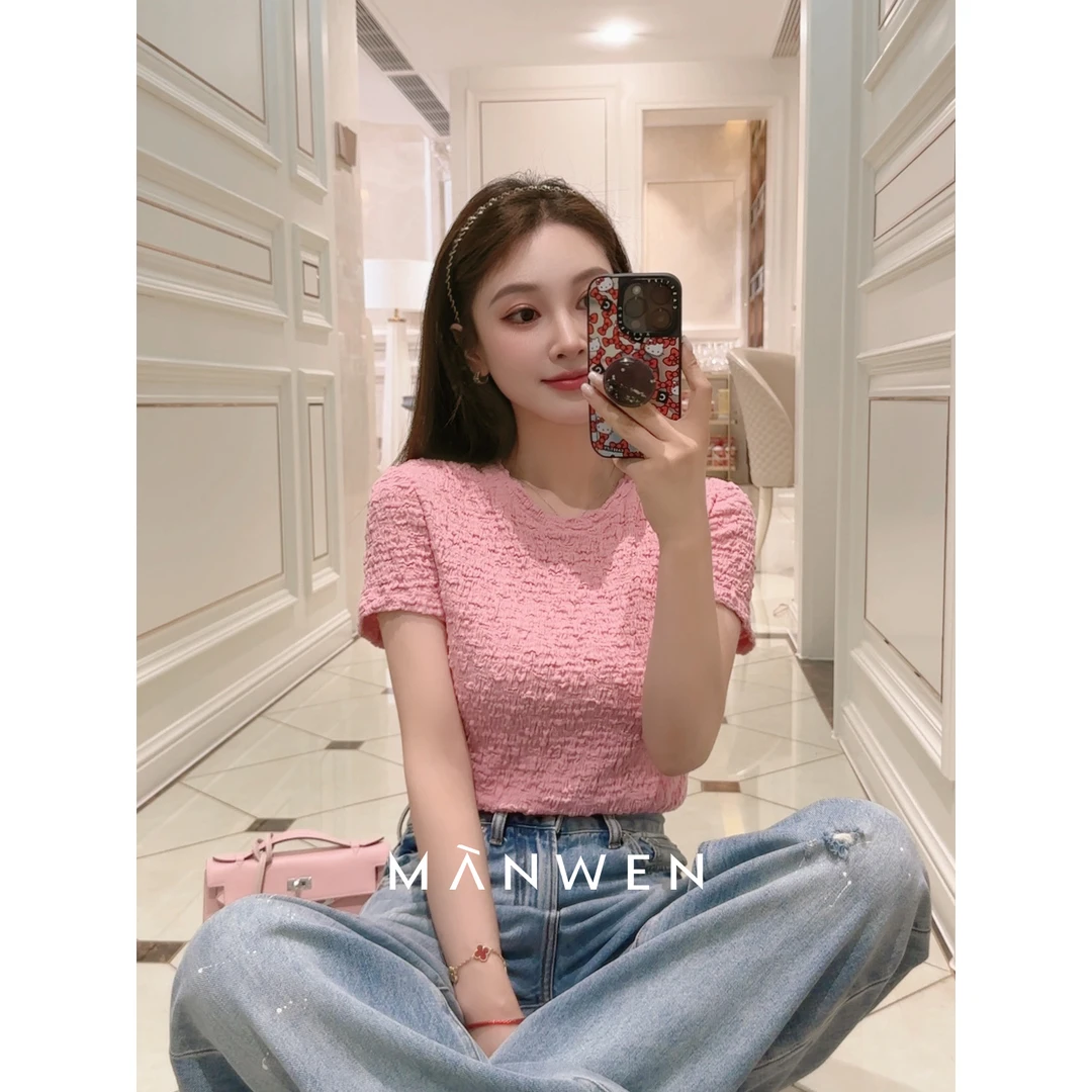 【曼文kiki】 “沁彩乐章”甜盐泡泡褶轻薄弹力短袖上衣   25S434