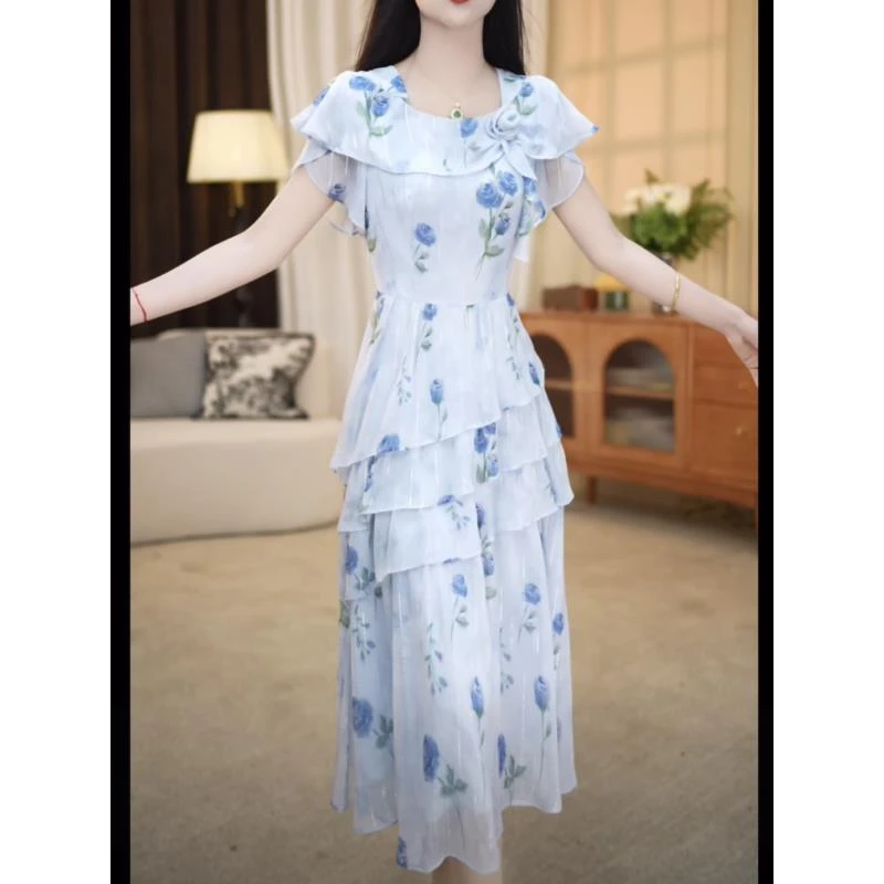 【连衣裙】2025夏季新款圆领洋气修身显瘦花色收腰通勤中长款连衣裙