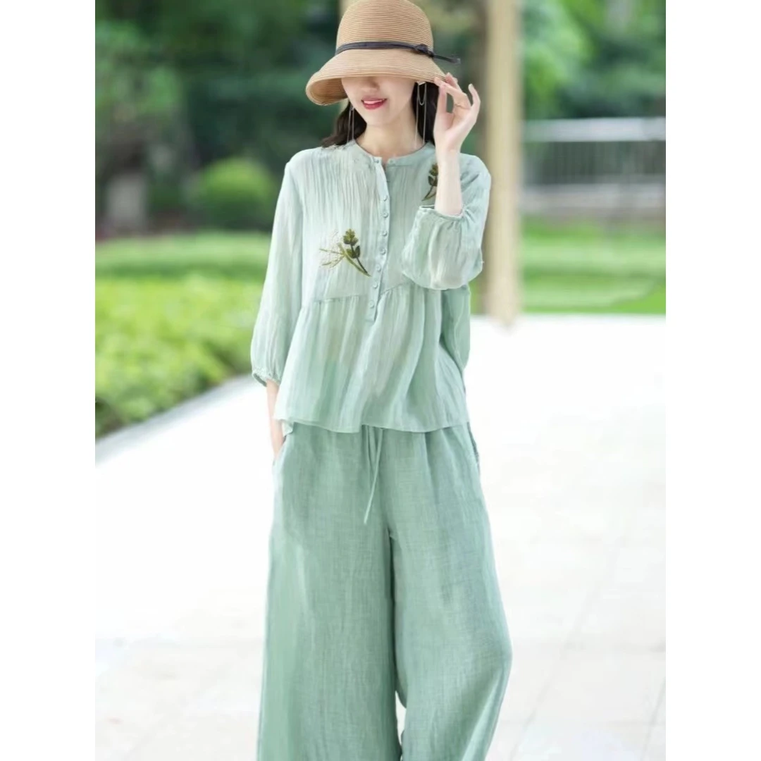 套装女文艺七分袖刺绣衬衫休闲亚麻阔腿长裤两件套