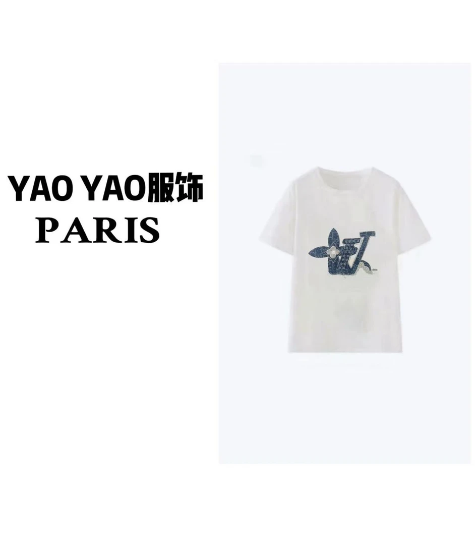 【YAOYAO】 1蓝色老花 时尚百搭短袖 夏季新款立体手工烫钻工艺