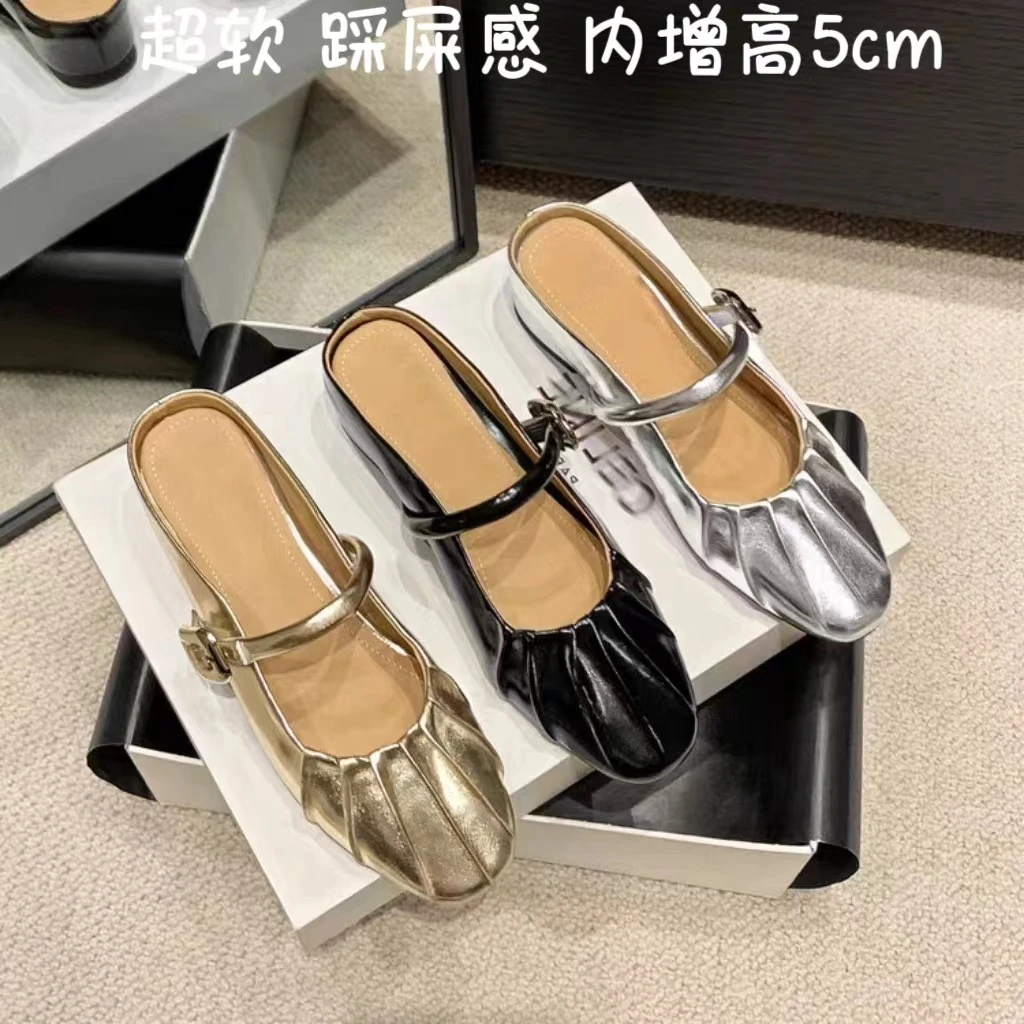 内增高单鞋女褶皱气质百搭软底圆头半托穆勒鞋一字扣带玛丽珍鞋女