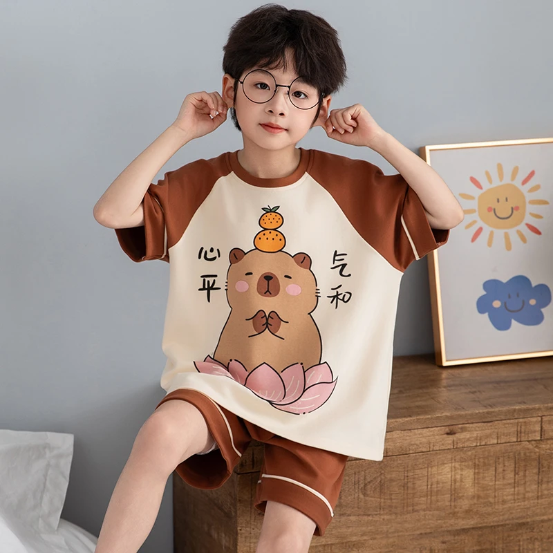 夏季儿童短袖卡皮巴拉睡衣男童纯棉套装空调服中大童初中生家居服